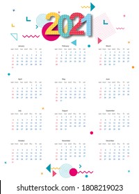 Calendar 2021 with abstract geometric background. Template. Vector illustration