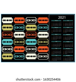 Calendar for 2021 with abstract texture multi-colored blades on a black background, vector illustration