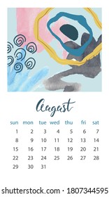 Calendar 2021 August. Abstract modern design. Editable template. Wall calendar planner template.Vector illustration