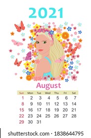 Calendar for 2021 August  beautiful girl and long blond hair looking over her shoulder surrounded by flowers   butterflies