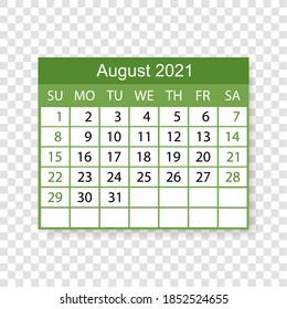 Calendar 2021. August. Week starts on Sunday. Vector illustration