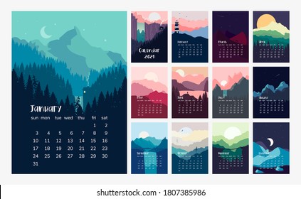 Calendar 2021. Beautiful minimalist landscape. Vector illustrations. Flat design.