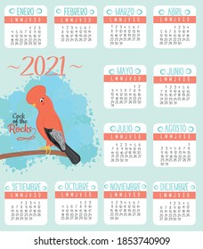 Calendar 2021 with bird cock of the rocks -peru 