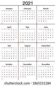 Calendar 2021 Black Text On White Background