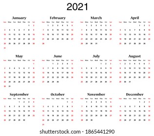 Calendar 2021 Black Text On White Background