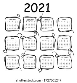 Calendario 2021. Plantilla vectorial en blanco y negro con marcos cuadrados en estilo doddle. La semana comienza el domingo.