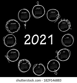 Calendar 2021. Black and white vector template with round frames in doddles style. Week starts on Sunday.