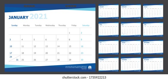 Calendar for 2021 blue background