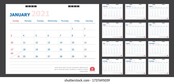 Calendar for 2021 blue and red background