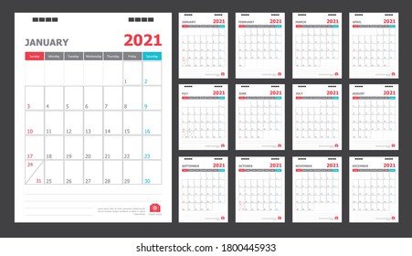 Calendario para 2021 fondo azul y rojo