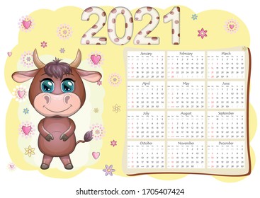 Calendar 2021. The bull is a symbol of the new year, Cartoon cow. Chinese horoscope calendar. Week starts on Sunday.