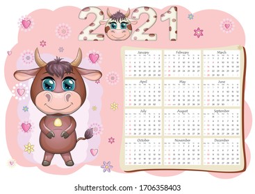 Calendar 2021. The bull is a symbol of the new year, Cartoon cow. Chinese horoscope calendar. Week starts on Sunday.