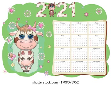 Calendar 2021. The bull is a symbol of the new year, Cartoon cow. Chinese horoscope calendar. Week starts on Sunday.