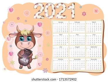 Calendar 2021. The bull is a symbol of the new year, Cartoon cow. Chinese horoscope calendar. Week starts on Sunday.