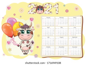 Calendar 2021. The bull is a symbol of the new year, Cartoon cow. Chinese horoscope calendar. Week starts on Sunday.