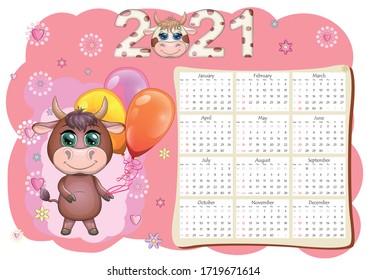 Calendar 2021. The bull is a symbol of the new year, Cartoon cow. Chinese horoscope calendar. Week starts on Sunday.