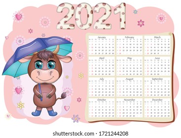 Calendar 2021. The bull is a symbol of the new year, Cartoon cow. Chinese horoscope calendar. Week starts on Sunday.