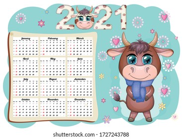 Calendar 2021. The bull is a symbol of the new year, Cartoon cow. Chinese horoscope calendar. Week starts on Sunday.