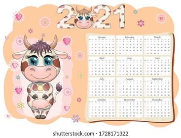 Calendar 2021. The bull is a symbol of the new year, Cartoon cow. Chinese horoscope calendar. Week starts on Sunday.