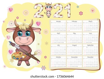 Calendar 2021. The bull is a symbol of the new year, Cartoon cow. Chinese horoscope calendar. Week starts on Sunday.