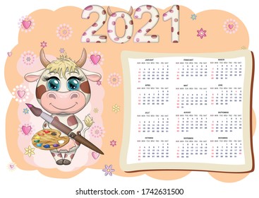 Calendar 2021. The bull is a symbol of the new year, Cartoon cow. Chinese horoscope calendar. Week starts on Sunday.