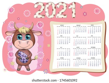 Calendar 2021. The bull is a symbol of the new year, Cartoon cow. Chinese horoscope. Week starts on Sunday.