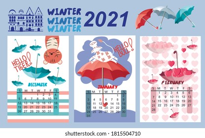 Calendar for 2021 by months. 
Calendar for children winter months. The calendar features umbrellas, cute animals and houses. 
Calendar with multi-colored umbrellas. Vector illustration.