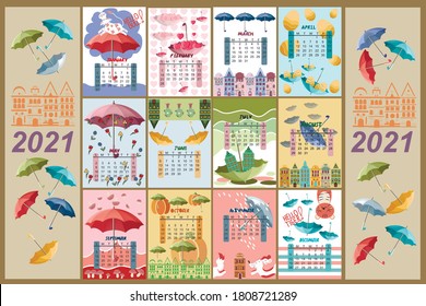 Calendario para 2021 por meses. El calendario incluye paraguas, animales bonitos y casas. 
Calendario con paraguas multicolores. Ilustración vectorial.