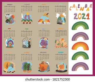
Calendar for 2021 by months for kids. Vector illustration. Calendar glider for children with abstract drawings.