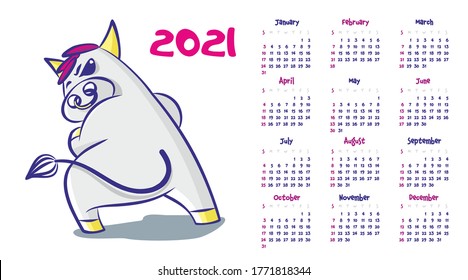 Calendar 2021. Cartoon bull with a ring in his nose, turns tail 
