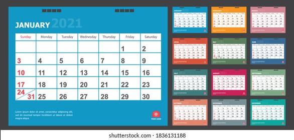 Calendar for 2021 colorful background. Corporate design planner template.