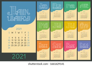 Kalender 2021. Farbiger Kalender. Vektorillustration handgezeichnet. Doodle English Buchstabtering Collection.  Herzen und Linien