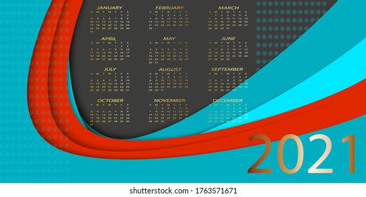 Calendar 2021. Colorful calendar with paper cut effect. Week starts from Sunday. Red, black and blue design.