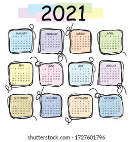 Calendario 2021. Plantilla vectorial colorida con marcos cuadrados en estilo doddle. La semana comienza el domingo.