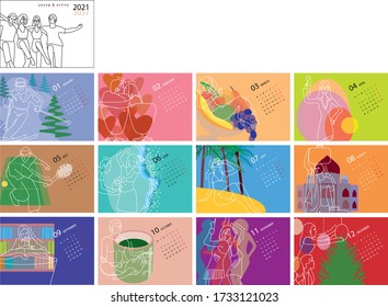 calendar 2021 concept young and active ski valentine fruits tennis water game see side travel taj mahal reading books study green tea meditation disco club Christmas tree decoration