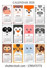 Calendar 2021 with cow, pig, sheep, fox, zebra, panda, penguin, raccoon, owl, tiger, elephant, dog