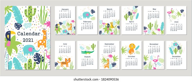 Calendar 2021 with cute animals. Set 12 month pages. Hand drawn vector illustration