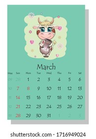 Calendar 2021. Cute bull and cow for March