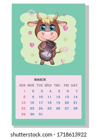 Calendar 2021. Cute bull and cow for March