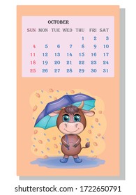 Calendar 2021. Cute bull and cow for October.