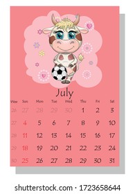 Calendar 2021. Cute bull and cow for July.