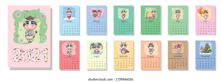 Calendar 2021. Cute bull and cow for every month. The bull is a symbol of the new year, Cartoon cow. Chinese horoscope calendar. Week starts on Sunday.