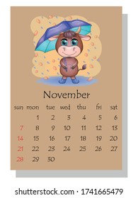 Calendar 2021. Cute bull and cow for November