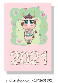 Calendar 2021. Cute bull and cow for cover.
