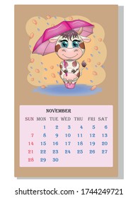 Calendar 2021. Cute bull and cow for November
