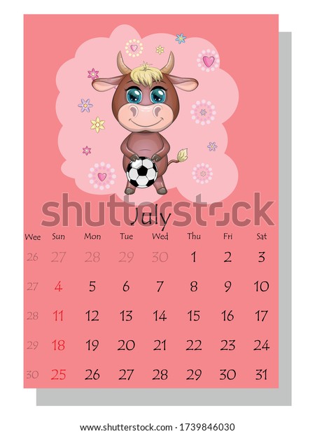 カレンダー21 7月に向けてかわいい牛と牛 のベクター画像素材 ロイヤリティフリー