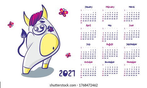 Calendar 2021. Cute bull with a ring in his nose, holds a flower in his teeth, a symbol of the new year, cartoon animals 