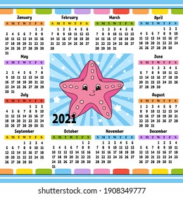 Kalender für 2021 mit einem süßen Zeichen. Spaß und helles Design. Einzige farbige Vektorgrafik. Cartoon-Stil.