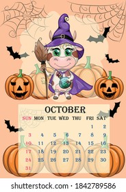 Calendar 2021. Cute cow for October. Cow witch in a raincoat, hat and with a broom, pumpkins, Jack, Halloween, bats and a cobweb.