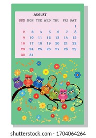 Calendar 2021. Cute calendar with funny cartoon owls, August